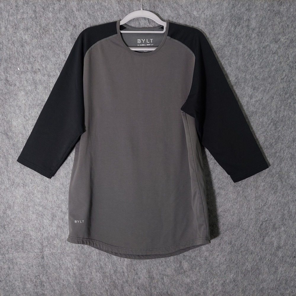 BYLT Mens 3/4 Baseball Drop Cut Lux Large Gray Streetwear Raglan Curved HemTee